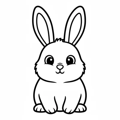 A fluffy white rabbit facing forward with enormous upright long ears, a round coloring page