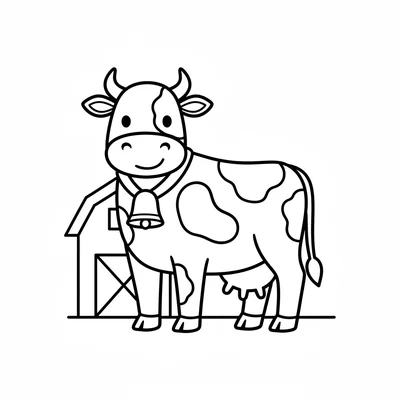 A friendly black and white dairy cow facing forward beside a simple barn shape coloring page