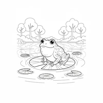 A frog perched on a large lily pad in the center of a woodland pond, looking coloring page