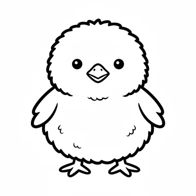 A fuzzy baby chick facing forward, its round puffball yellow body with two coloring page