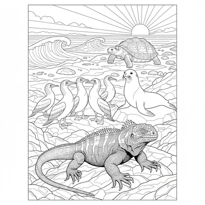 A Galapagos island shore scene with a marine iguana basking on black volcanic coloring page