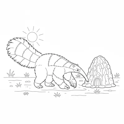 A giant anteater walking along the edge of a termite mound, its long tubular coloring page