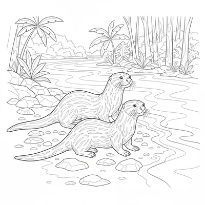 A giant river otter family on a riverbank in the Pantanal, two large adults coloring page