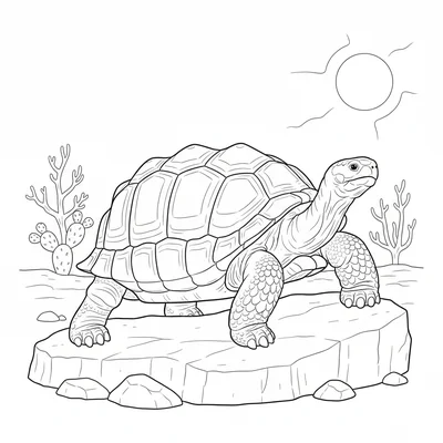 A giant tortoise moving slowly across a sun-warmed rock in the Galapagos, its coloring page