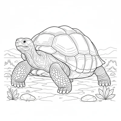 A giant tortoise slowly moving through dry scrubland, its enormous dome shell coloring page