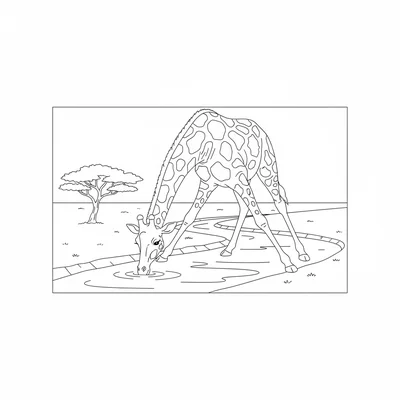 A giraffe drinking from a river bend, its front legs spread wide apart to lower coloring page