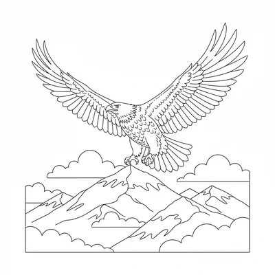 A golden eagle soaring on a thermal above a mountain range, its wings fully coloring page