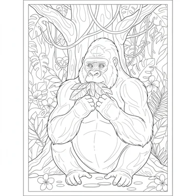 A gorilla sitting at the base of a large tree in dense jungle, eating leaves coloring page