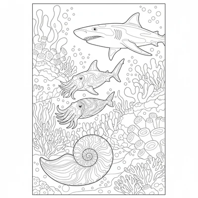 A Great Barrier Reef night scene with a reef shark slowly circling coloring page