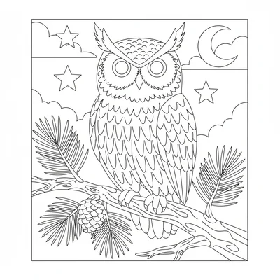 A great horned owl perched on a thick pine branch at twilight, its feathered coloring page
