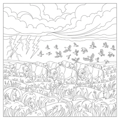 A Great Plains bison thunderstorm scene with a large bison herd moving together coloring page