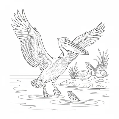 A great white pelican in a coastal wetland spreading its wings wide for landing coloring page