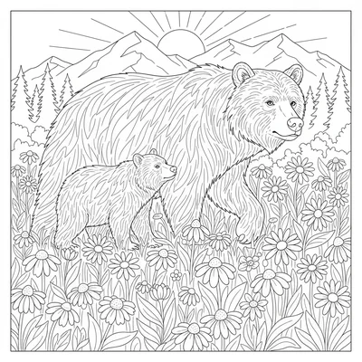 A grizzly bear and her cub walking through a meadow of wildflowers coloring page
