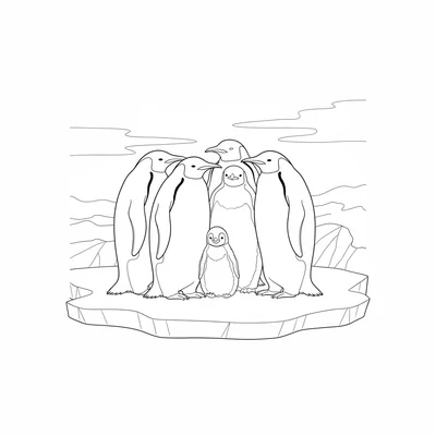 A group of emperor penguins huddled together on ice, five penguins in a tight coloring page