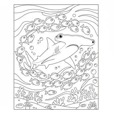 A hammerhead shark moving through a school of silver fish, its distinctive coloring page