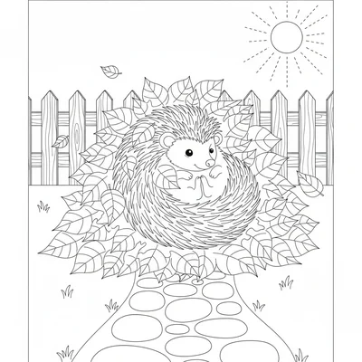 A hedgehog curled into a tight ball in a pile of autumn leaves in a garden, its coloring page