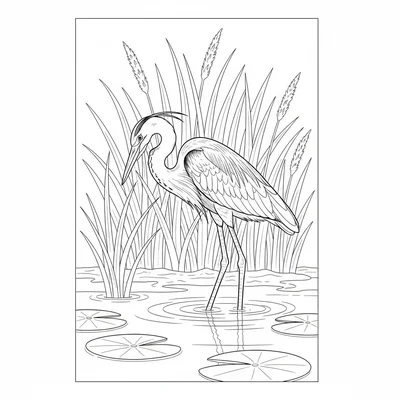 A heron standing perfectly still at the edge of a shallow wetland, its long coloring page