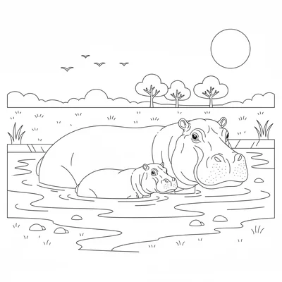 A hippo and her calf resting at the edge of a muddy river, the large adult body coloring page