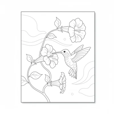 A hummingbird hovering in front of a large trumpet-shaped flower, its wings coloring page