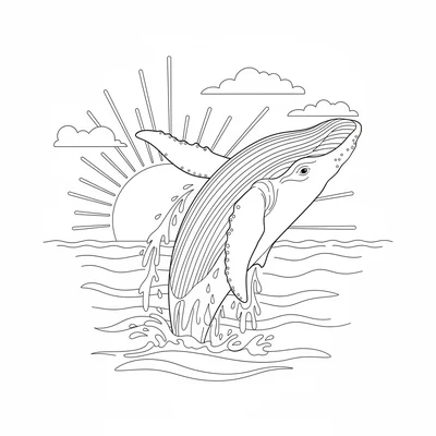 A humpback whale breaching at sunset, its enormous body half out of the water coloring page