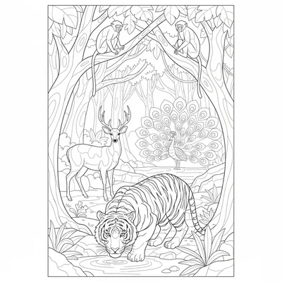 An Indian tiger reserve scene with a Bengal tiger drinking at a small stream coloring page