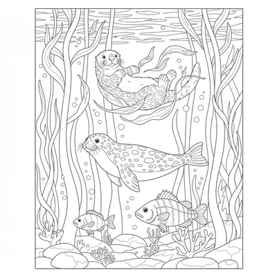A kelp forest underwater scene with a sea otter resting at the surface tangled coloring page