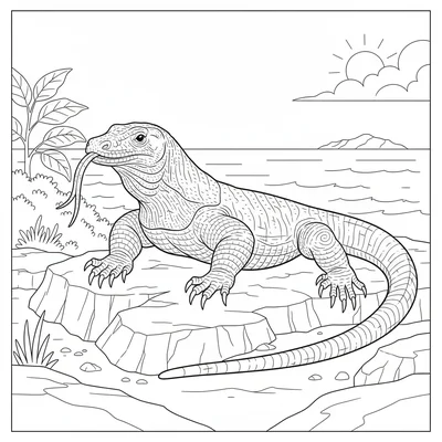 A Komodo dragon basking on a sun-warmed rock on the Indonesian coast, its long coloring page