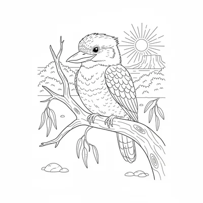A kookaburra sitting on a dead gum tree branch in an Australian bush setting coloring page