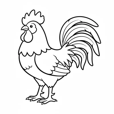 A large colorful rooster facing left, its round plump body with beautiful long coloring page