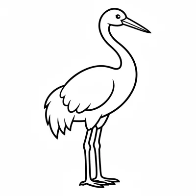 A large crane facing the viewer from the side, its long elegant legs, a slim coloring page