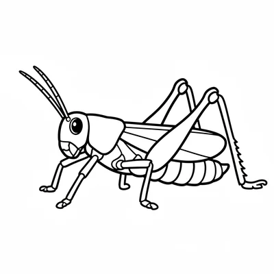 A large grasshopper facing the viewer from the side, its long oval body, two coloring page