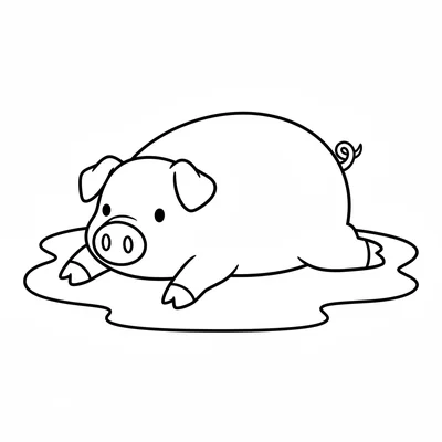 A large pig lying in a simple muddy spot, its huge round body flat on its side coloring page