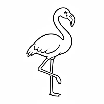 A large pink flamingo standing on one leg, its long curved neck in an S-curve coloring page