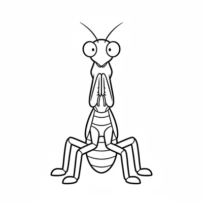 A large praying mantis facing forward, its triangular head with huge round coloring page