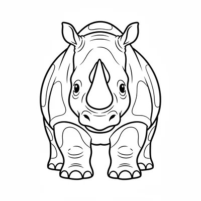 A large rhino facing forward, its enormous wide barrel body on four thick legs coloring page