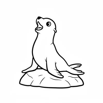 A large sea lion perched upright on a simple rock, its front flippers braced coloring page