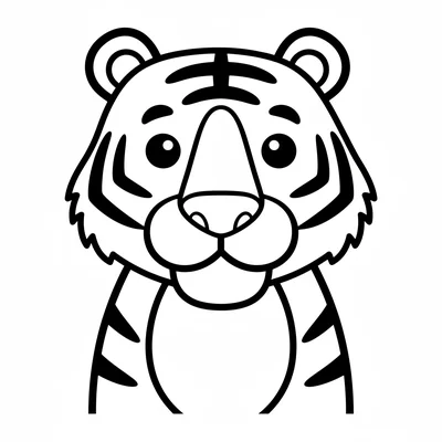 A large tiger facing forward, its wide square face with bold dark stripes coloring page