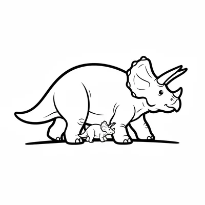 A large Triceratops parent walking with a small baby Triceratops tucked under i… coloring page
