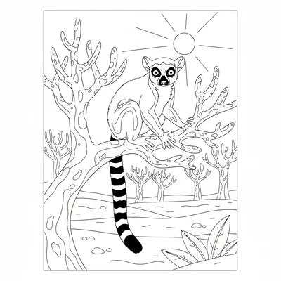 A lemur perched in a spiny forest tree unique to Madagascar, its long black coloring page