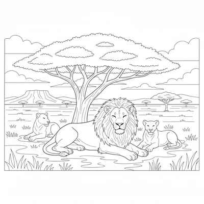 A lion lying in the shade of a flat-top acacia tree on an African savanna, its coloring page
