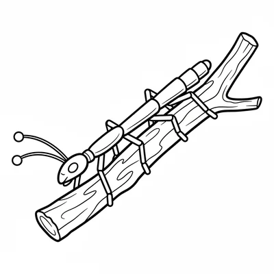 A long slim walking stick insect clinging to a thick twig, its extremely coloring page
