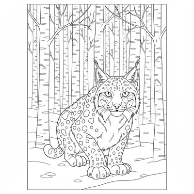 A lynx crouched in a birch forest, its spotted coat partially camouflaged among coloring page