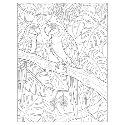 A macaw perched in a rainforest canopy, its brilliant blue and gold feathers coloring page