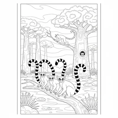 A Madagascar lemur forest with a ring-tailed lemur family in the foreground coloring page