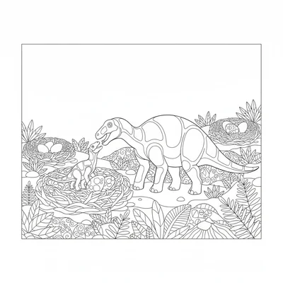 A Maiasaura nesting colony with a parent feeding a juvenile beside a bowl-shape… coloring page