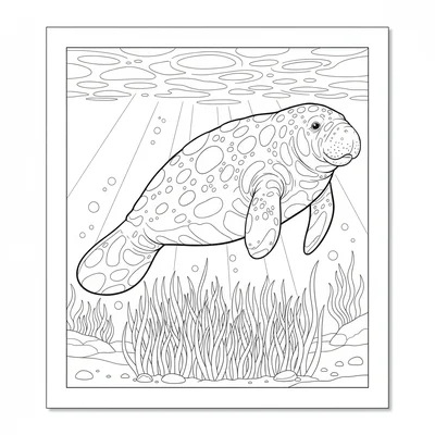 A manatee drifting slowly through warm shallow water near a seagrass meadow coloring page