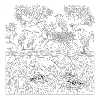 A mangrove forest ecosystem cross-section showing coloring page
