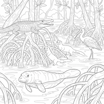 A mangrove forest waterway scene with a manatee visible below the surface coloring page