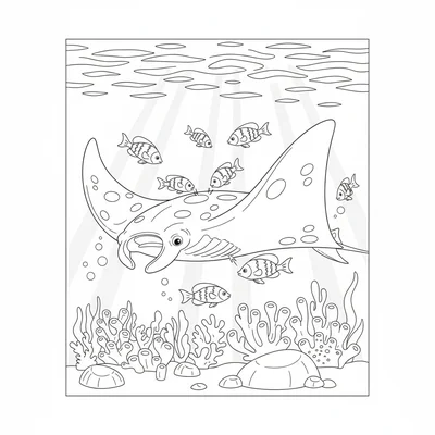 A manta ray gliding through an ocean cleaning station, several small cleaner coloring page