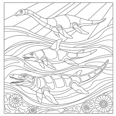 A marine panorama with a Mosasaurus in the deep water, an Ichthyosaur at mid-de… coloring page